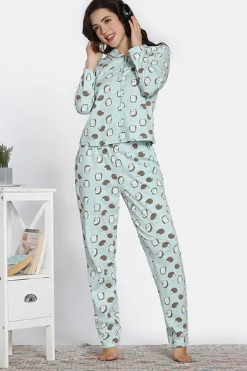 Buy Zivame Farm Lore Knit Cotton Pyjama Set - Green Ash
